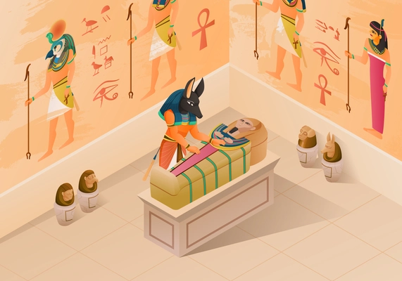 Egypt isometric composition demonstrated mummification process with anubis and pharaoh sarcophagus at history wall painting background vector illustration