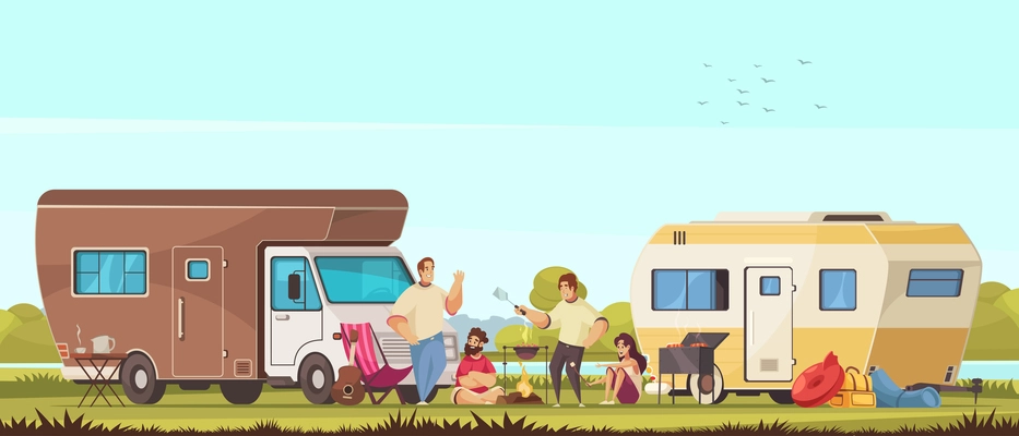 Camper and travel trailer vacationers families grilling meat barbecuing together in caravan park cartoon composition vector illustration