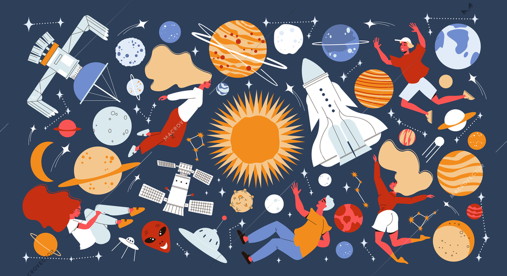 Space composition with isolated images of stars trajectories spacecrafts planets and stars with casual human characters vector illustration