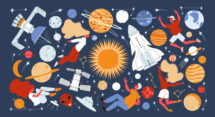 Space composition with isolated images of stars trajectories spacecrafts planets and stars with casual human characters vector illustration