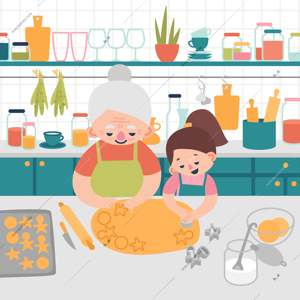 Grandmother and granddaughter prepare cookies in the kitchen flat vector illustration