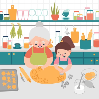 Grandmother and granddaughter prepare cookies in the kitchen flat vector illustration