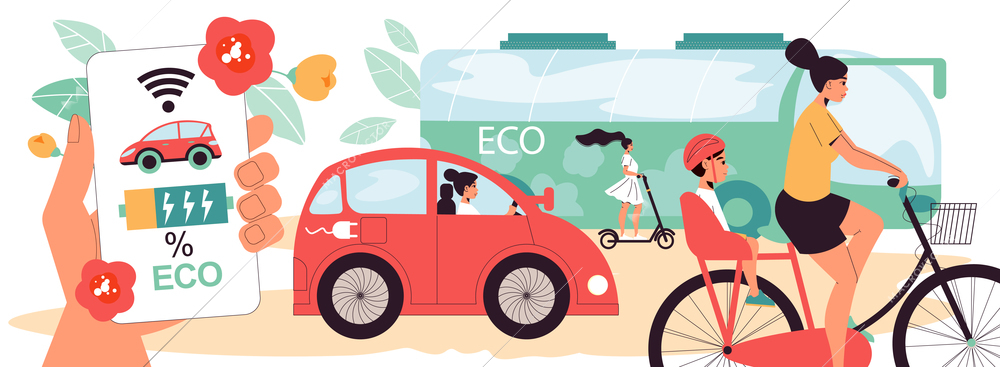 Eco green transportation horizontal illustration with eco friendly car kick scooter bike flat vector illustration