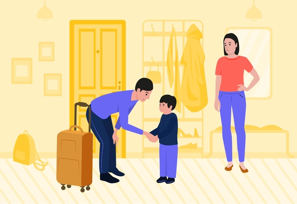 Divorce couple flat poster with father leaving family and sad son trying to detain him vector illustration