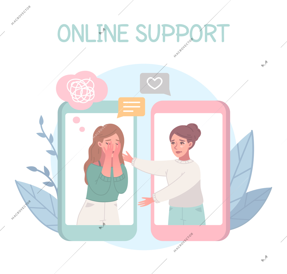 Empathy characters cartoon composition with text and images of smartphones with emotion bubbles and hugging girls vector illustration