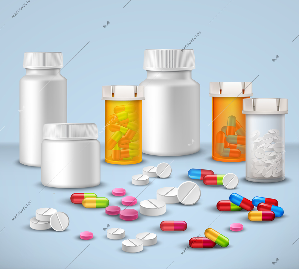 Pills tablets and medicines in plastic bottle packages decorative icons set vector illustration