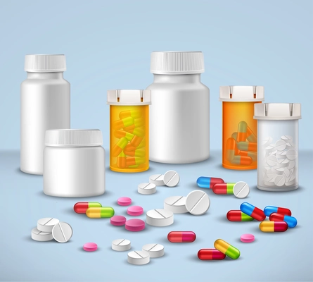 Pills tablets and medicines in plastic bottle packages decorative icons set vector illustration