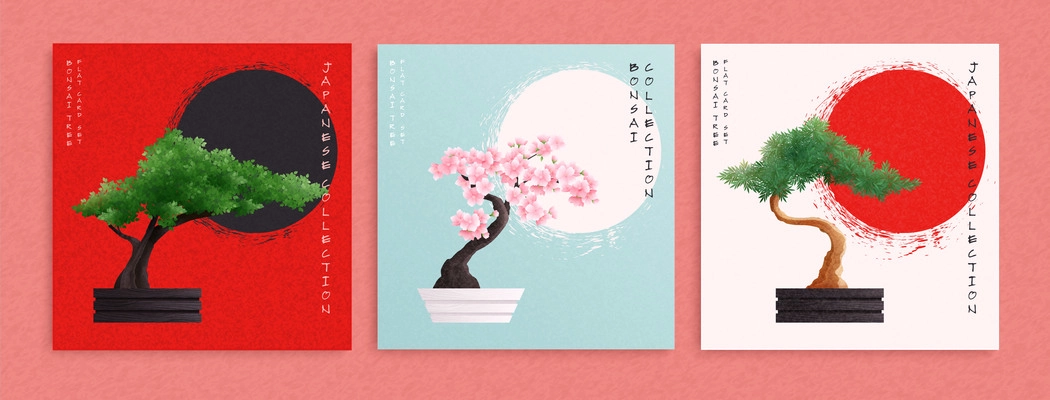 Flat japanese cards collection with potted green and blooming bonsai trees isolated on textured background vector illustration