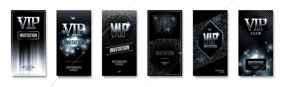 Shiny vertical vip club party invitation set in black and silver colors isolated on white background vector illustration