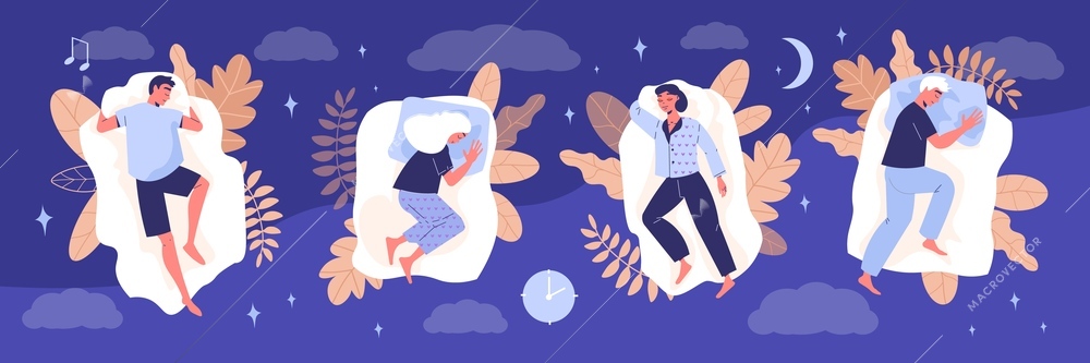 Healthy sleep poses composition with night symbols flat vector illustration