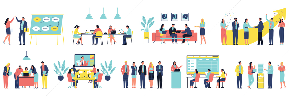 Business color set with isolated icons of workers characters having meetings brainstorms shaking hands working together vector illustration