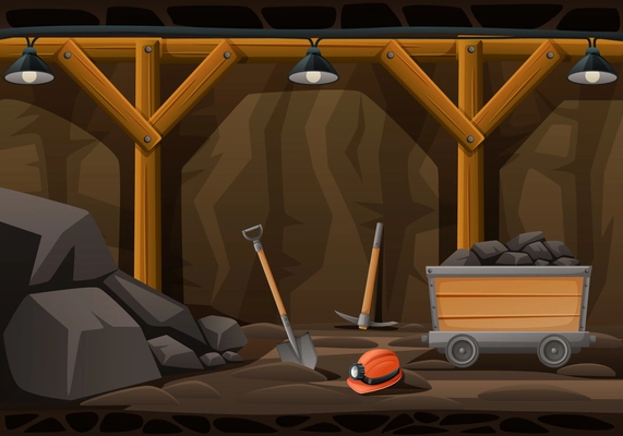 Mining miner cartoon composition with underground scenery and vintage mine facilities with tools and hard hat vector illustration