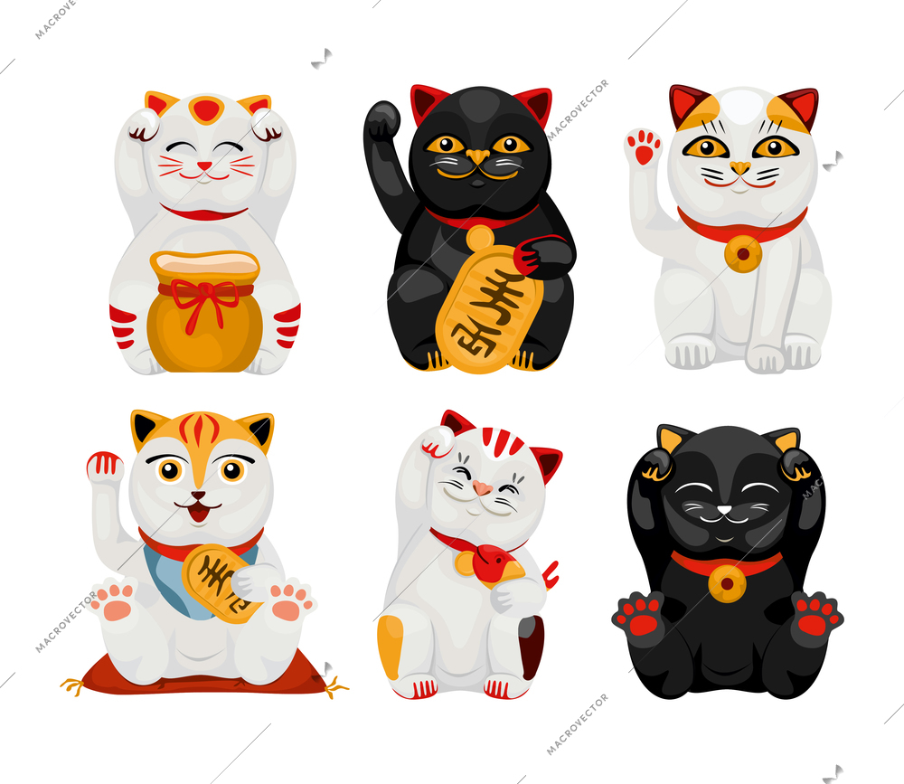 Japanese lucky cat maneki neko set of isolated icons with oriental mascot pet animal vector illustration