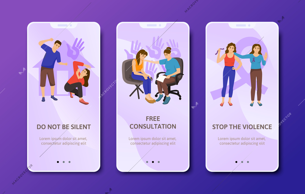 Domestic violence flat app design set of three vertical banners with images text and page switch vector illustration