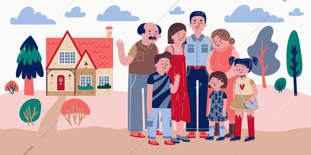 Happy family composition with outdoor scenery with clouds trees and house with characters of family members vector illustration