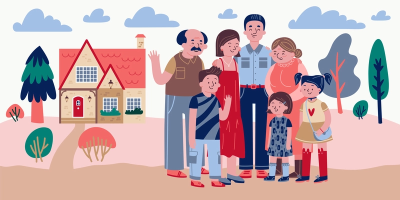 Happy family composition with outdoor scenery with clouds trees and house with characters of family members vector illustration