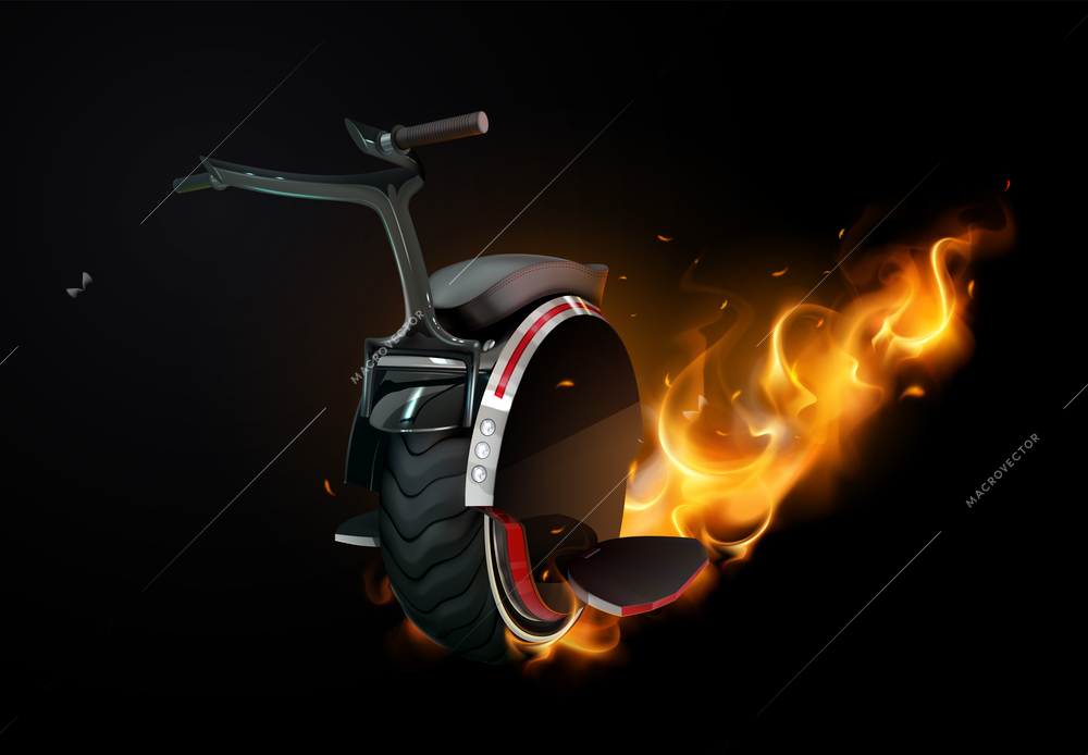 Monowheel fire realistic composition with image of monocycle with flame coming from tire on black background vector illustration