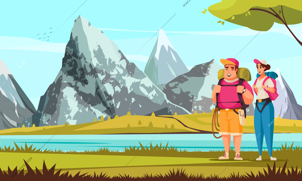Climber alpinist composition with outdoor landscape and view of lake with mountains and loving couple characters vector illustration