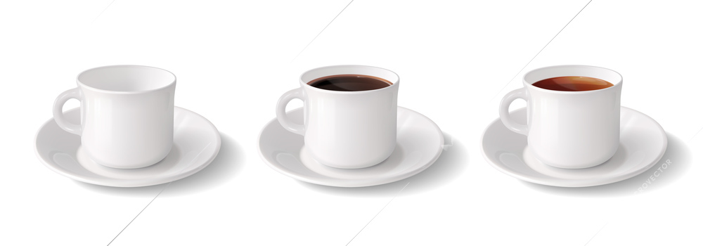 Three cups with saucers realistic set of white crockery similar utensil empty and with beverage isolated vector illustration