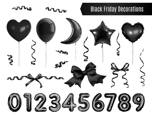 Black friday decorations realistic set with dark glossy helium balloons numbers streamers ribbons and bows on white background isolated vector illustration