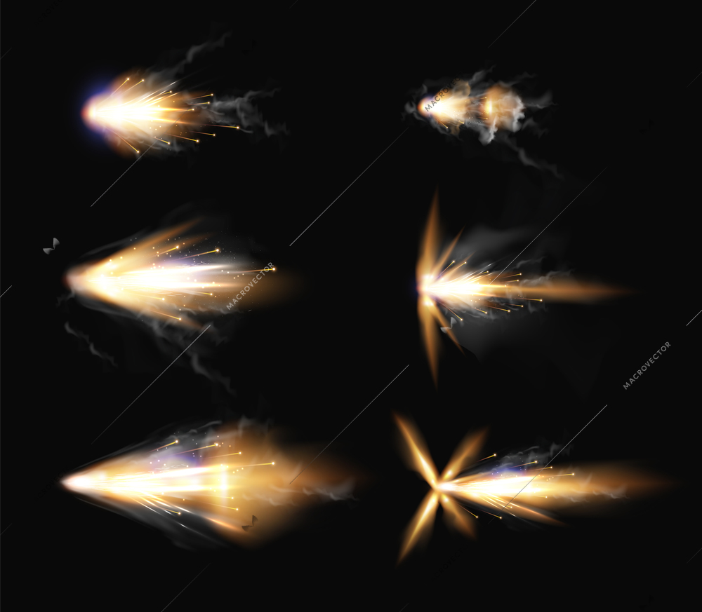 Realistic set of gun flashes with fire sparkles and smoke isolated on black background vector illustration