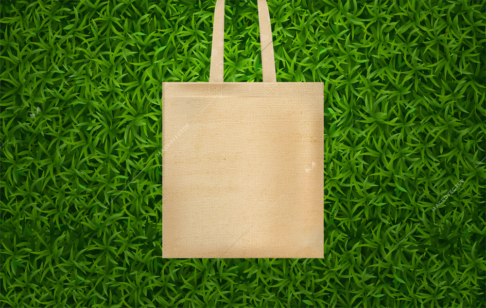 Realistic hands bag green grass composition a beige rag bag lies on the grass vector illustration