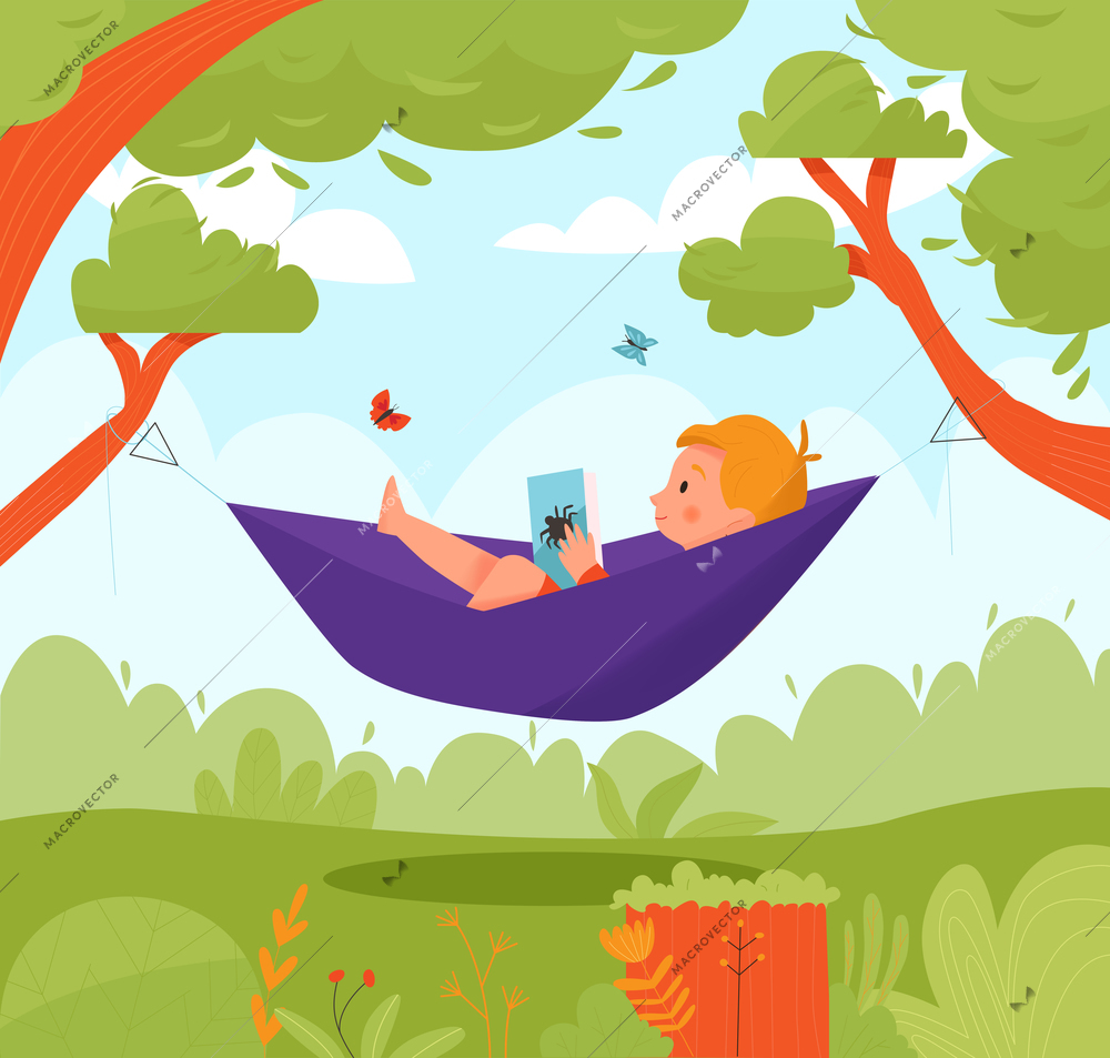 Summer children playing activity composition a boy swinging in a hammock and reading a book in the woods vector illustration