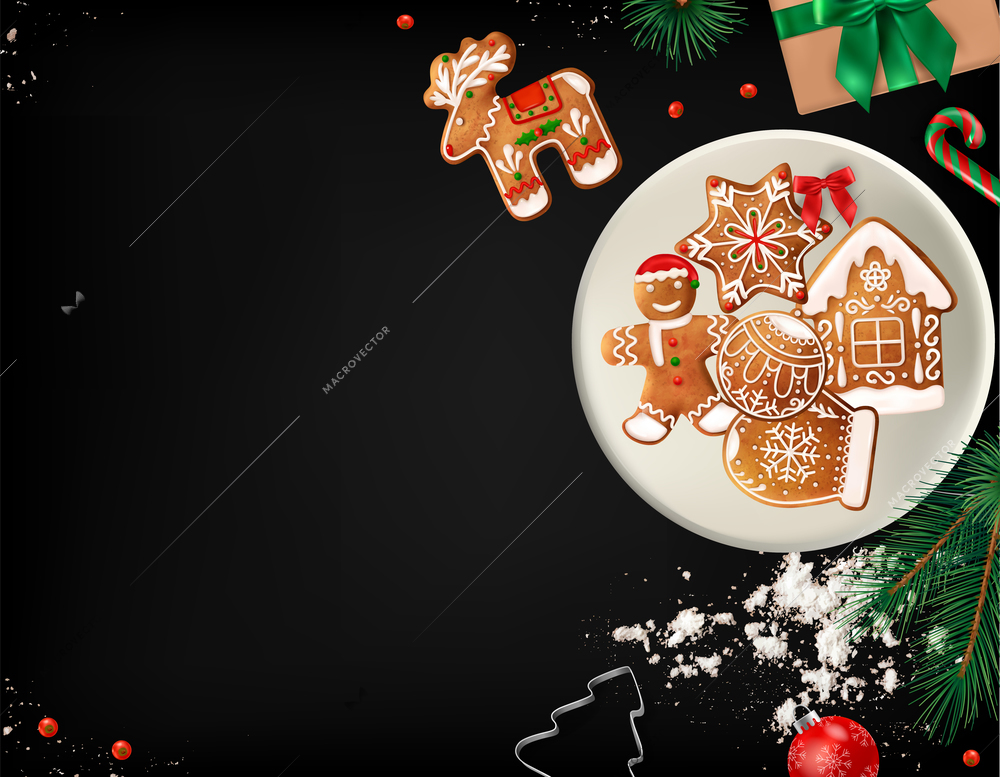 Realistic christmas blackboard composition with christmas gingerbread cookies lying on the plate vector illustration