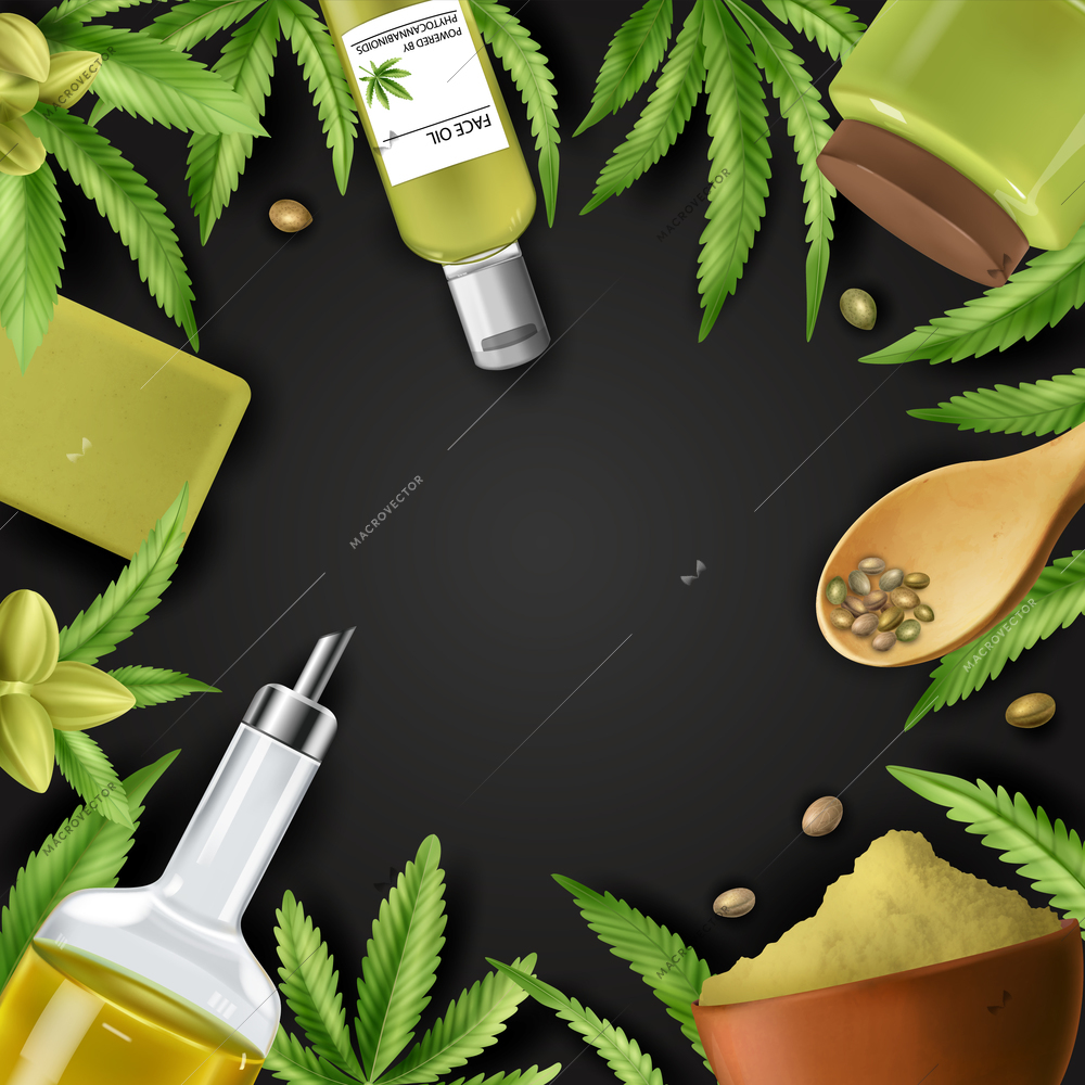 Realistic cannabis frame with leaves bottle of oil and cream on black background vector illustration