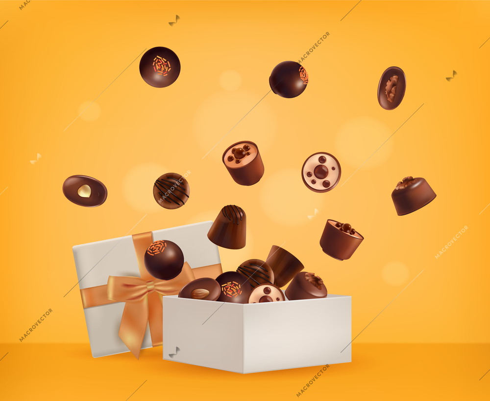 Realistic chocolate box composition with images of flying choco candies with orange bow on blurry background vector illustration