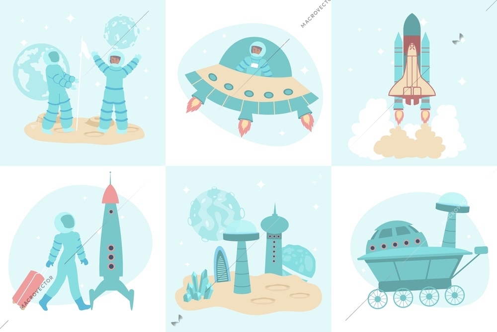 Space set of six square compositions with flat views of another planet base rover flying rocket vector illustration