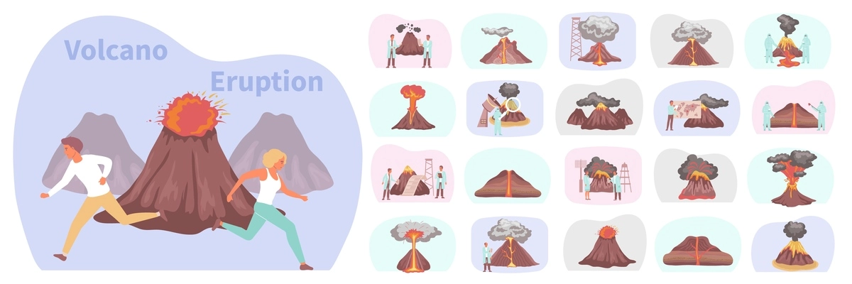 Set of flat isolated volcano compositions with views of mountain lava stream and running human characters vector illustration