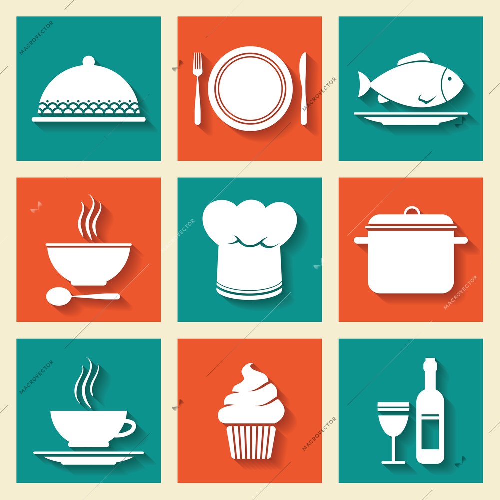 Restaurant cafe icons set of cooking hat dish kitchen stuff isolated vector illustration