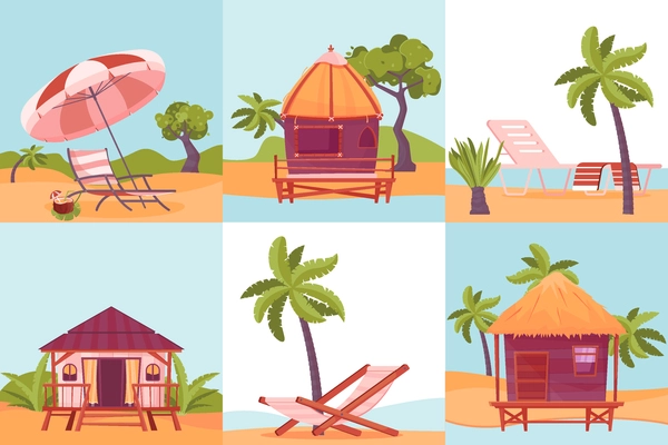 Tropic landscape six flat square compositions with bungalow and palm trees on sea beach vector illustration