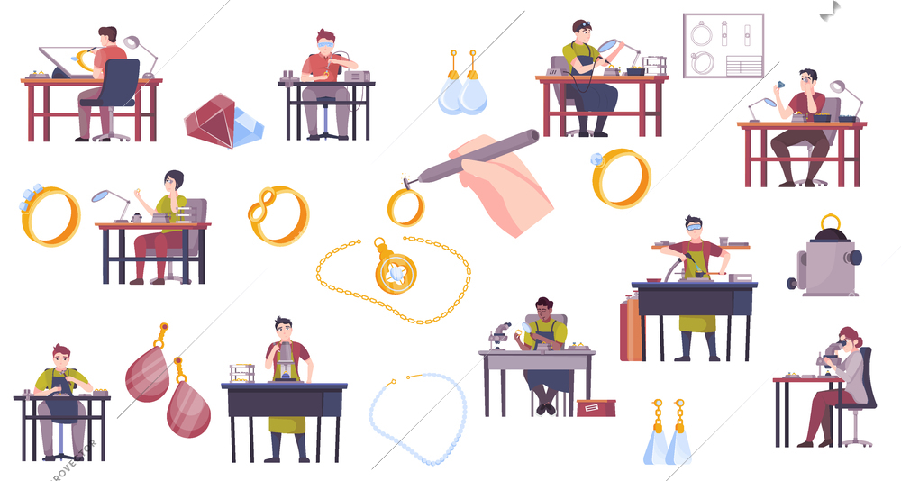 Jewelry making flat set of working masters using magnifier microscope soldering iron isolated vector illustration