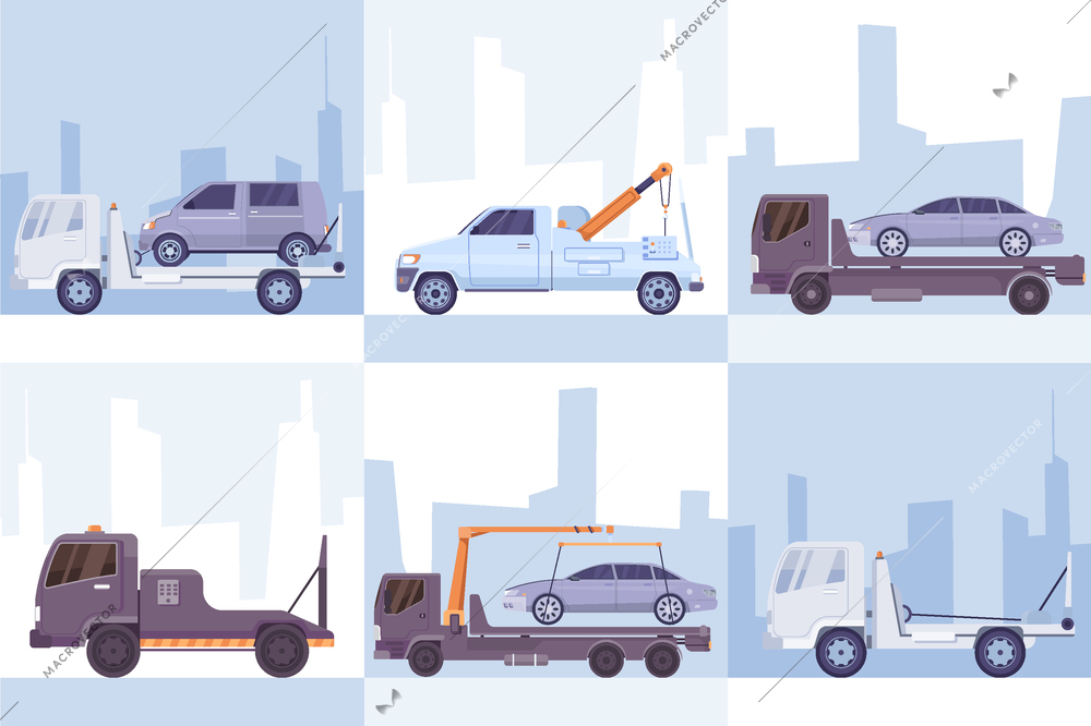 Car evacuation six square compositions set of city tow trucks towed auto transport  flat vector illustration