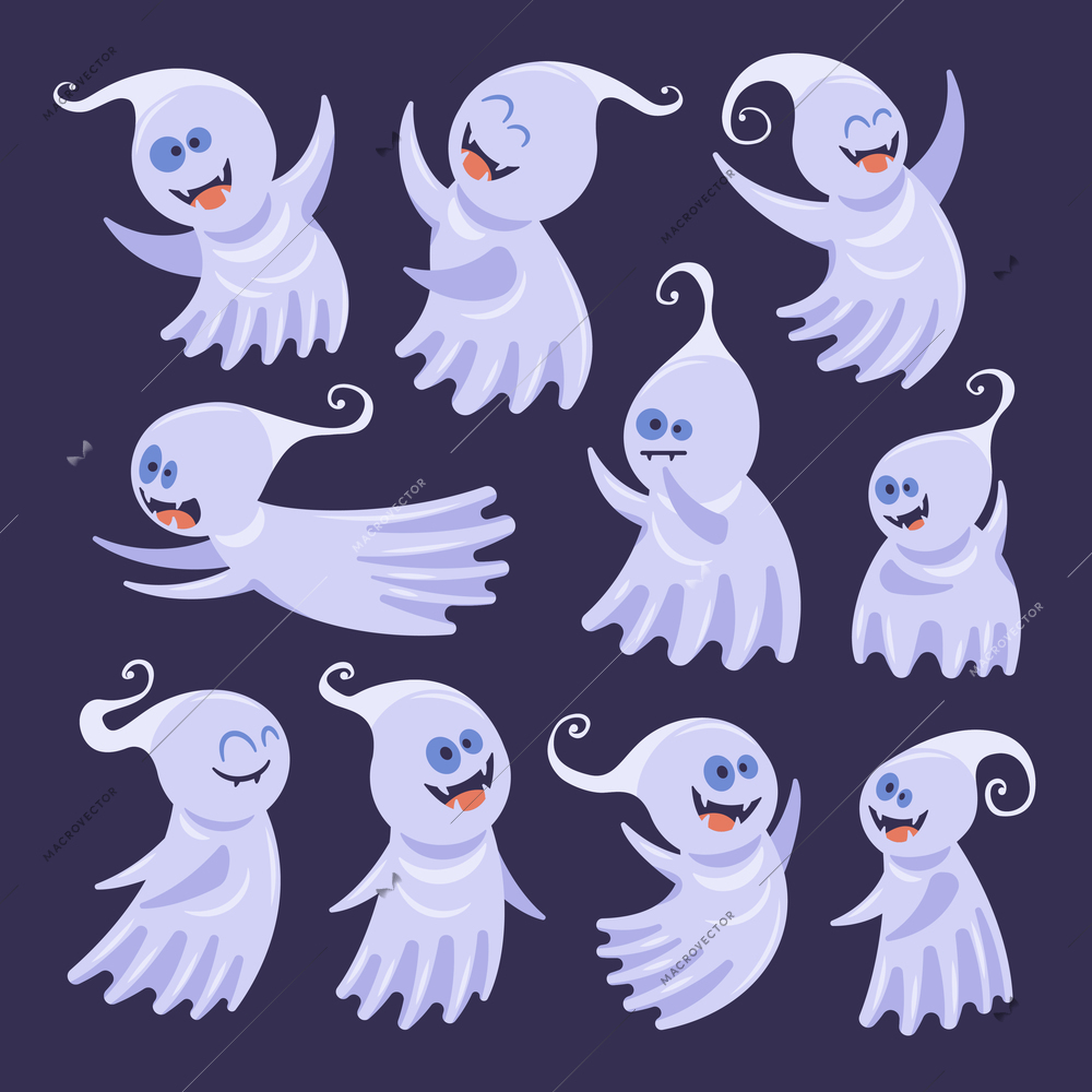 Set of isolated funny happy ghost icons with cartoon style characters of emotional ghosts in nightcaps vector illustration