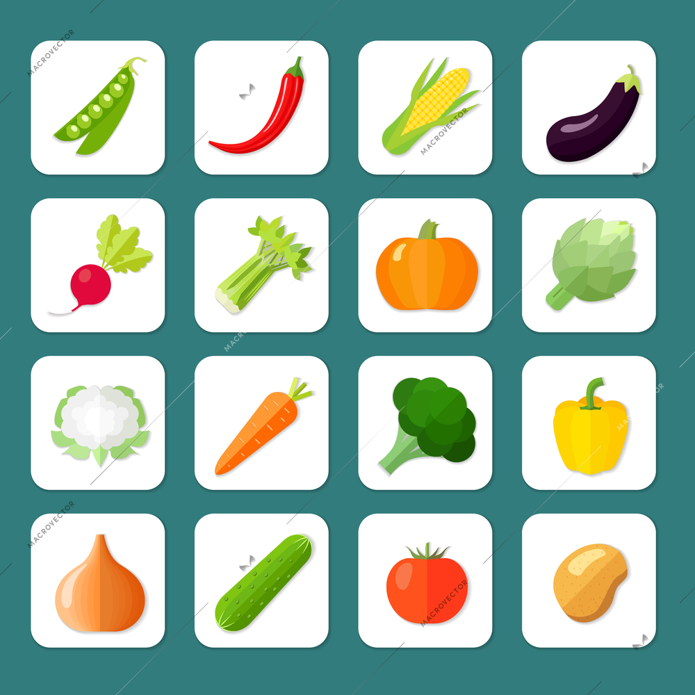 Vegetables icon flat set with peas chili pepper corn eggplant isolated vector illustration