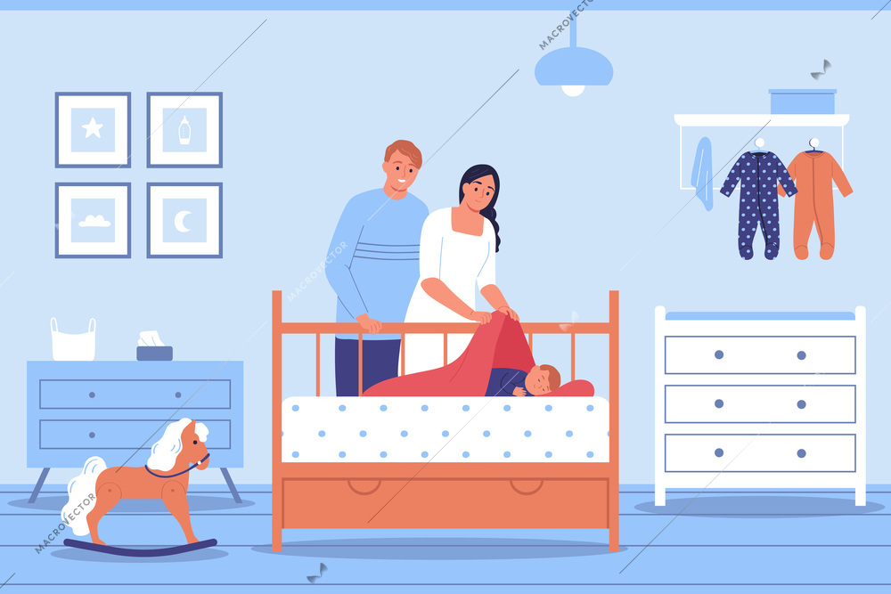 Happy parents putting baby to sleep in nursery room flat vector illustration