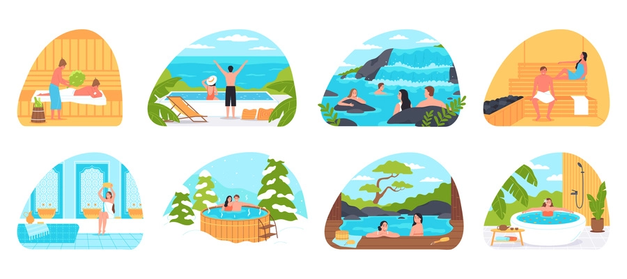 Relaxing and bathing compositions set of people steaming in steam room relaxing in wooden jacuzzi in lake and pool with thermal waters flat vector illustration