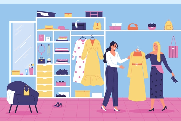 Young woman choosing wardrobe together with female fashion stylist on background with shelves and racks with clothes accessories cosmetics flat vector illustration