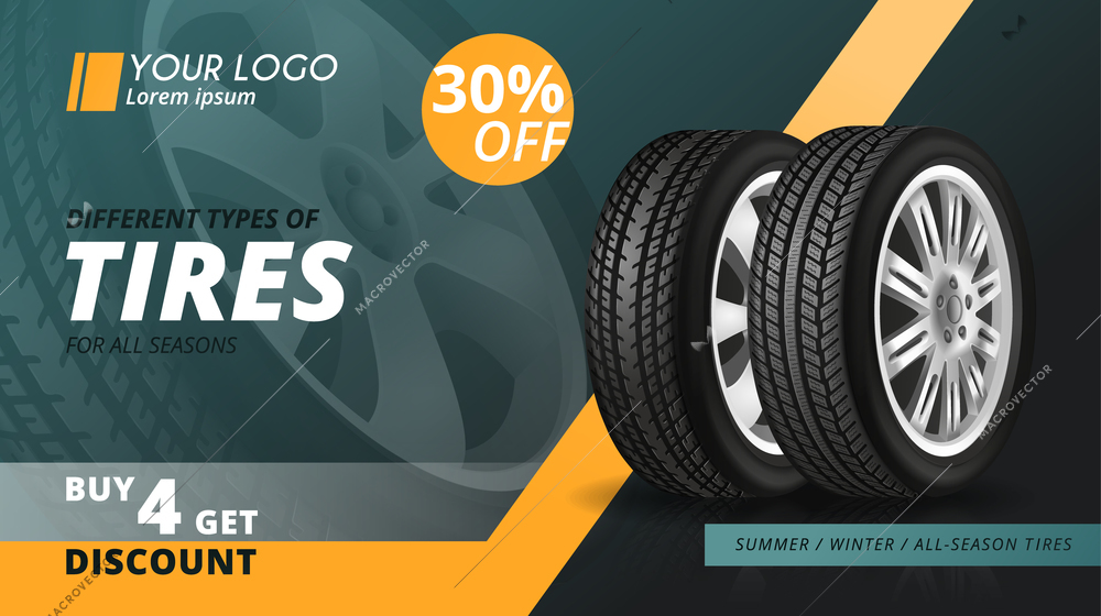 Realistic advertising background offering discount on different types of tires for all seasons vector illustration
