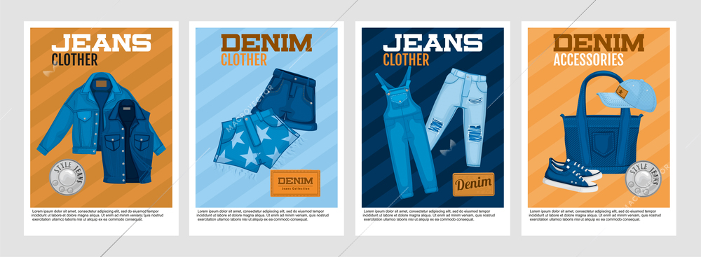 Set of four vertical jeans denim posters with editable text and images of clothes and accessories vector illustration