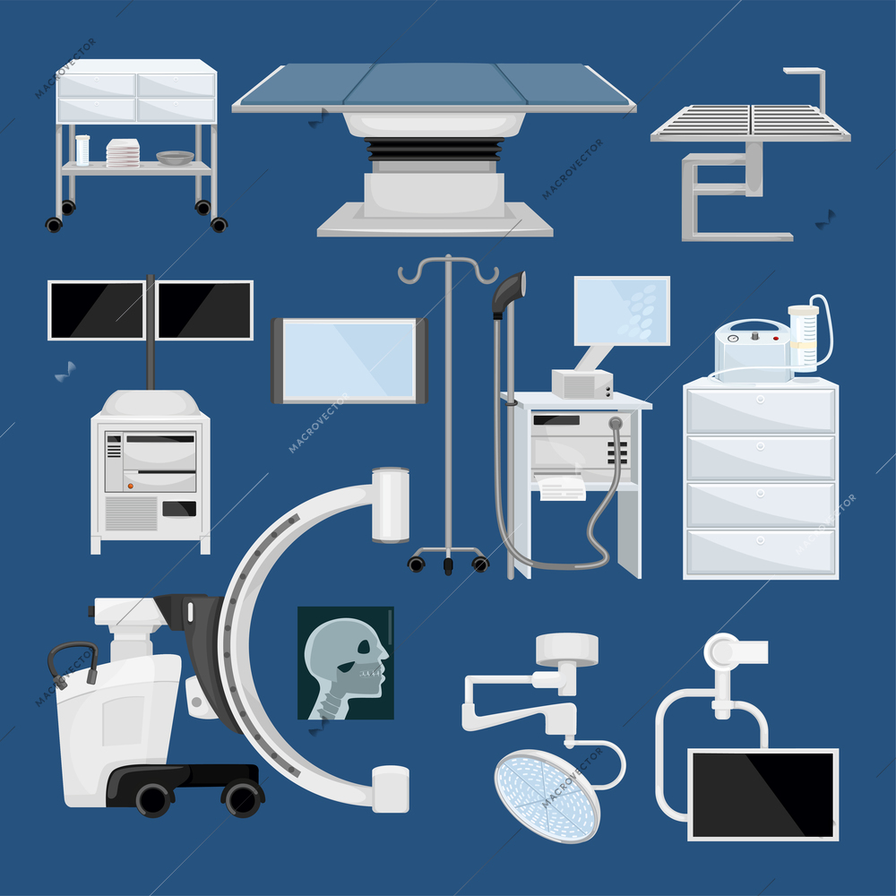 Advanced medical equipment and imaging devices used for surgical operation and anaesthesia in clinic operating room  color set isolated