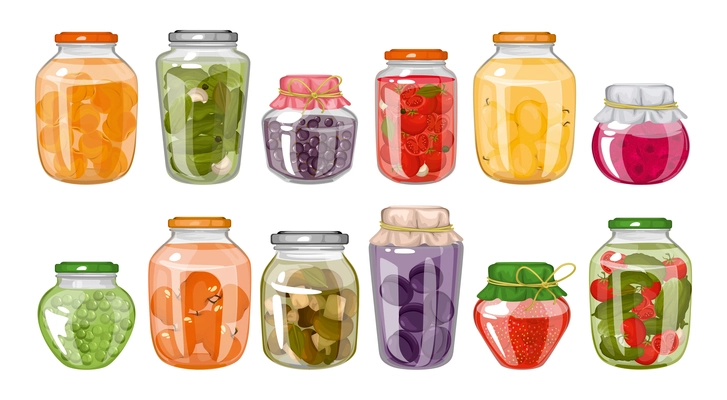 Homemade canned food colored set of closed jars with jam compote and pickles  vegetables isolated vector illustration