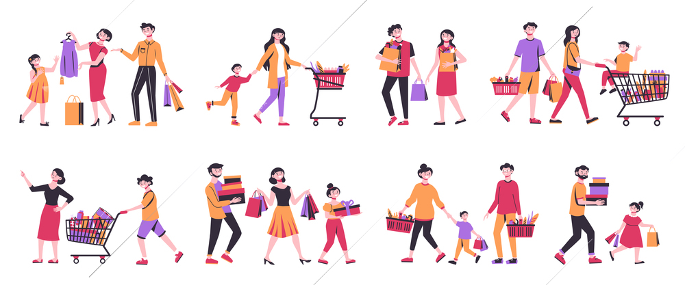 Shopping color icon set people with children couples buy in stores with bags and carts vector illustration