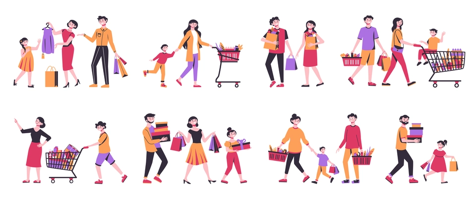 Shopping color icon set people with children couples buy in stores with bags and carts vector illustration