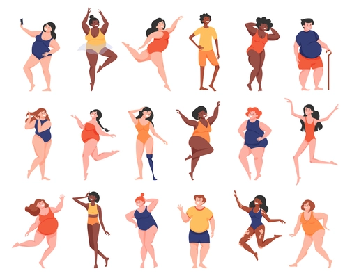 Body positive icon set happy women with different body features heavy weight disability excessive thinness and different skin color vector illustration