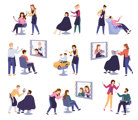 Hairdressers barbers and their happy clients at beauty salon flat set isolated vector illustration