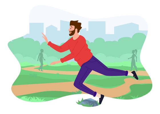 Man walking in park stumbling over stone and falling flat composition vector illustration